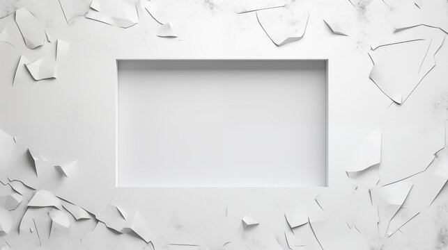 Mockup frame on white concrete wall, cracked wall with copy space for text or picture. AI Generated.
