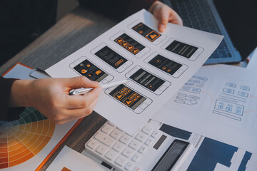 UX UI design process for modish mobile application and website . Creative prototype of wireframe...