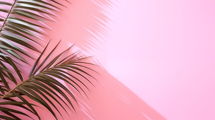 Fototapeta na wymiar Shadow from palm leaves on the light pink wall. Minimal abstract background for product presentation. Spring and summer. Generative Ai