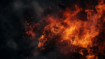 Fire embers particles over black background. Fire sparks background. Abstract dark glitter fire particles lights, generative ai