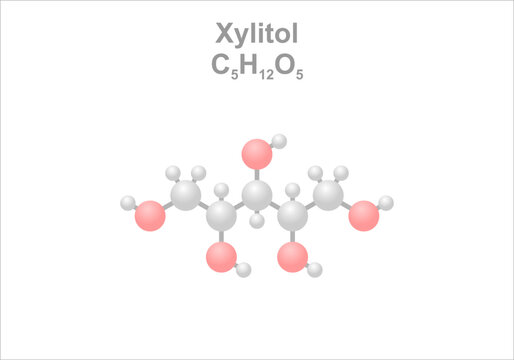 Xylitol. Simplified scheme, icon of the molecule. Use as sugar substitute.