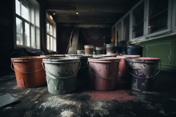 Using multiple buckets of paint for renovation. Generative AI - obrazy, fototapety, plakaty