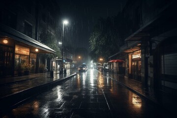 Naklejka na ściany i meble A dark, rainy night where nature meets urban landscape with street lights guiding along the path. Generative AI