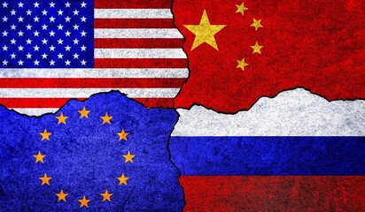 Flags of USA, Russia, EU and China on a wall with crack. European Union, Russia, America and China flags together. USA Russia China EU conflict © Ruma