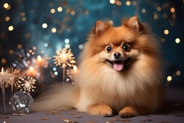 red-haired pomeranian on a festive blurred background with a side. pet and a festive atmosphere. dog celebrates a birthday or Christmas.
