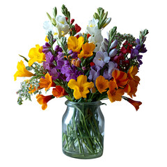 Spring freesias in the vase High quality isolated on transparent background Generative AI	