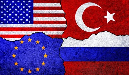 USA, Russia, EU, and Turkey flags together. USA Russia Turkey EU conflict