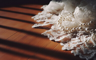 White lace fabric on a wooden background. Warm and gentle feminine background concept.