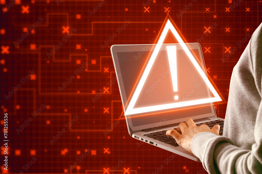 Poster Hacker using laptop with creative red security alert on blurry background. Fraud and danger concept.