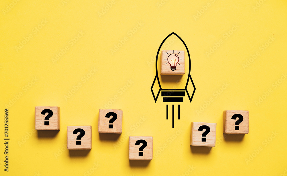 Poster glowing lightbulb inside of rocket took off from question mark for creative thinking idea and proble