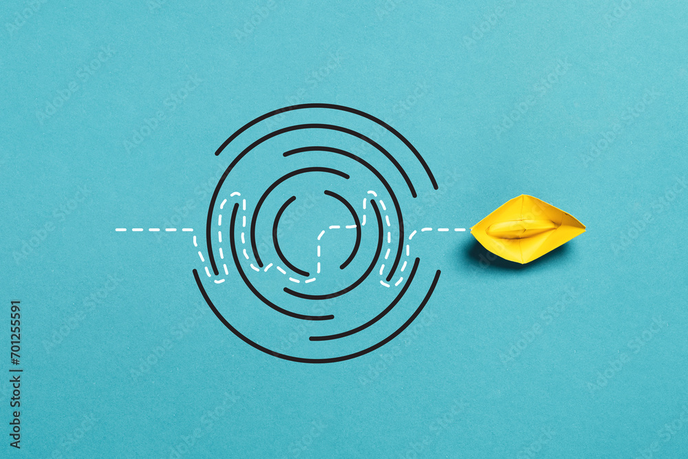 Poster yellow boat sailing out from maze problem for creative idea and problem solving solution concept.