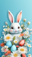 Naklejka na ściany i meble Happy Easter bunny, easter eggs and flowers on a light blue background