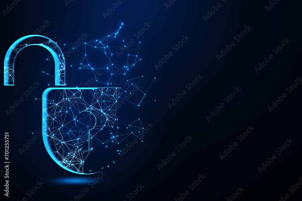 Poster creative digital polygonal open padlock hologram on blue background with mock up place. safety, prot