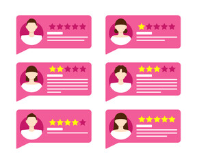 Customer feedback and text evaluation and rating. User avatars. Pink color. Vector illustration