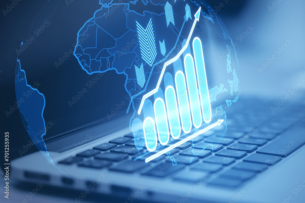 Poster Close up of notebook with glowing business chart and globe hologram on blurry background. Financial plan graph. 3D Rendering.