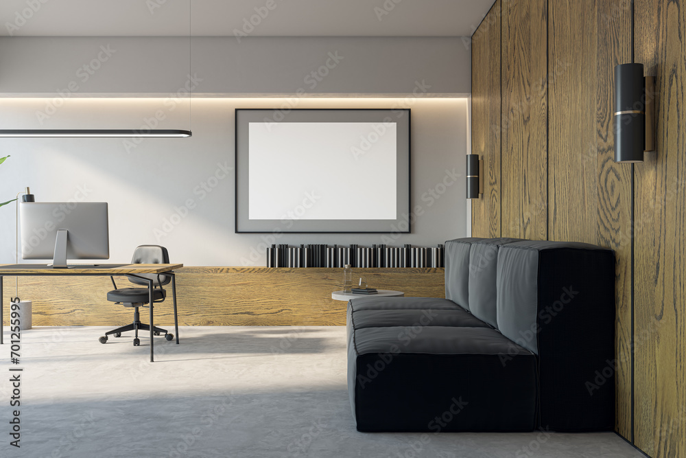 Poster modern light office interior with furniture and empty white mock up banner. 3d rendering.