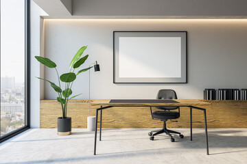 Modern light office interior with empty white mock up banner, furniture and panoramic windows with...