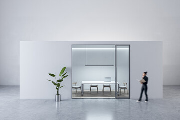 Blurry happy young woman walking in modern light concrete and glass office box interior with mock...