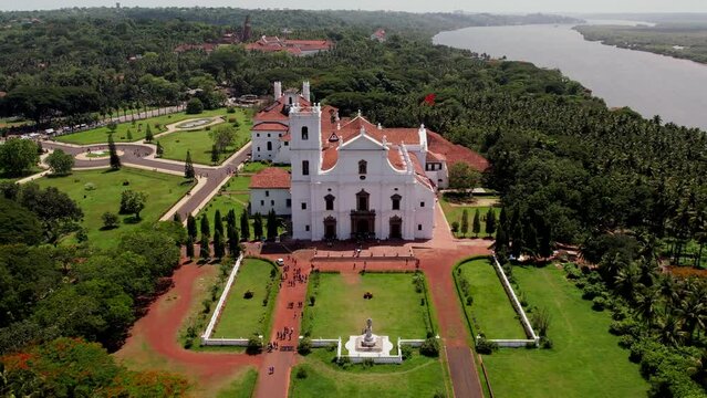 A beautiful drone shot of the Old Goa churches in Goa, India