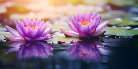 A floating lotus flower on the calm surface of a pond symbolizes the potential for transformation and spiritual growth through the practice of meditation and mindfulness.generative ai