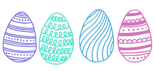 Set collection of hand drawn multicolored lined easter eggs with different dots, waves, lines.Easter party isolated elements.Isolated