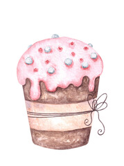 Hand drawn watercolor composition with easter traditional sweet cake with tied knot,cream,beads.Cake with icing and decorations.Isolated aquarelle design element for cards,invitations