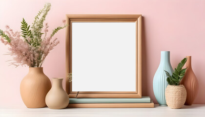 Fototapeta na wymiar Empty-wooden-picture-frame-mockup-hanging-on-pastel-wall--Boho-shaped-vases-with-dried-flowers-and-house-plants-on-table--Working-space--home-office--Modern-interior