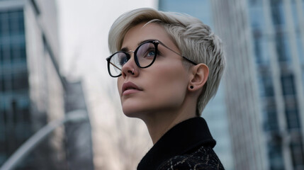 Close-up female serious face headshot portrait outdoors caucasian middle aged business woman boss blonde short haired lady wears formal shirt unhappy calm looking at camera standing posing on street