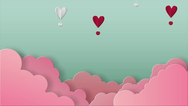 flying heart shaped balloons with clouds on pastel background, valentine theme, 4K video 