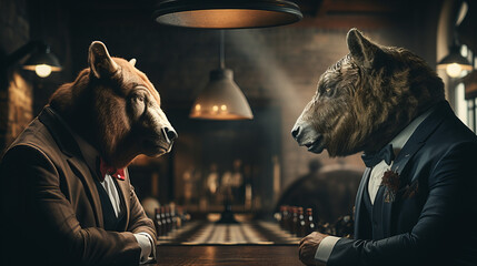 Surreal Animal Headed Business Negotiation, whimsical depiction of a bear and a bull in suits, sitting in a moody bar, engaging in a surreal and tense negotiation - obrazy, fototapety, plakaty