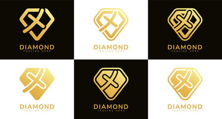 Set of diamond logos with initial letter X. These logos combine letters and rounded diamond shapes using gold gradation colors. Suitable for diamond shops, e-commerce