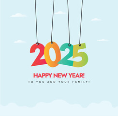 2025. Happy New Year 2025 banner. 2025 celebration banner with colourful hanging numbers 2, 0, 2 and 5. New year 2025 celebration banner and social media post with light cyan background. 