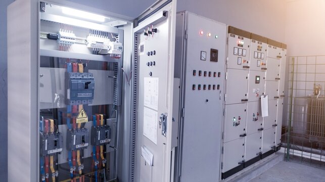 Main breaker on the distribution panel control,Electrical switch gear at Low Voltage power control center cabinet in coal power plant.
