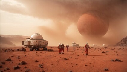 Martian Outpost: A rugged Martian landscape with a domed outpost in the distance, depicts a dust storm brewing, adding intensity and drama to the scene. generative ai