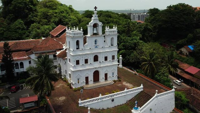 A beautiful drone shot of the Old Goa churches in Goa, India