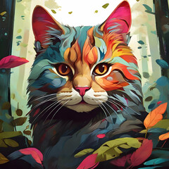 A colorful head of a cat surrounded by a colorful abstract design, leaves and forest.
