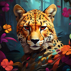 A colorful head of a cheetah surrounded by a colorful abstract design, leaves and forest.