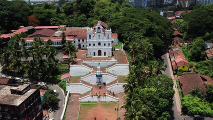 A beautiful drone shot of the Old Goa churches in Goa, India