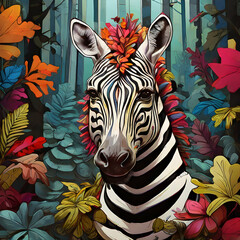Fototapeta premium A colorful head of a zebra surrounded by a colorful abstract design, leaves and forest.