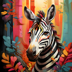 A colorful head of a zebra surrounded by a colorful abstract design, leaves and forest.
