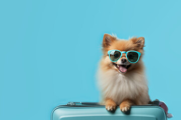 Cute Pomeranian dog wearing sunglasses with suitcase on light blue background in the studio. Pet vacation and summer travel concept. Copy space. Generative ai.