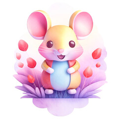 kleine bunte Maus umgeben von Blumen