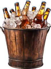 Ice bucket with beer bottles isolated on transparent background. PNG