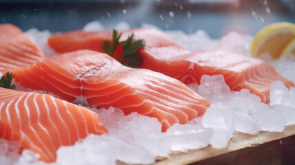Close-up of fresh chilled fish. Trout or salmon fillet. Red fish ready to eat.