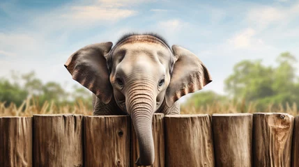 Foto op Aluminium Baby Elephant stands near wood fence sri lanka. © Mishab