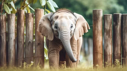 Foto op Aluminium Baby Elephant stands near wood fence sri lanka. © Mishab