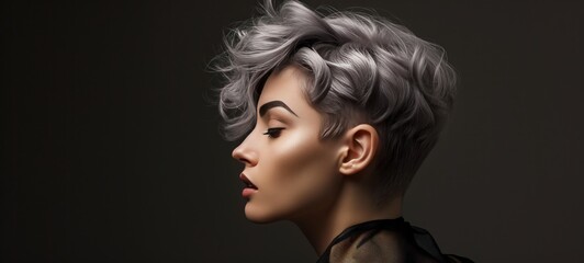 Close-up profile portrait of a young Caucasian woman with short hair dyed grey. Attractive female model with trendy hairstyle and perfect makeup. Isolated on black background.