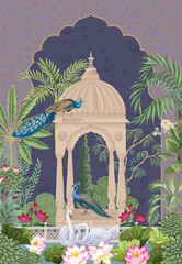 Indian Mughal garden, peacock, swan, lotus and arch frame illustration for wall art