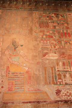 Vue de peintures color&eacute;es avec Anubis d'un mur du temple d'Hatchepsout (Egypte)