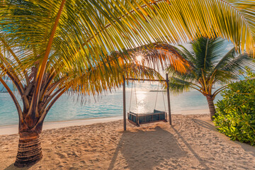 Relax vacation leisure lifestyle on exotic tropical island beach, palm tree hammock hanging calm sea. Paradise beach landscape, tranquil water, sunrise sky clouds amazing reflections. Beautiful nature